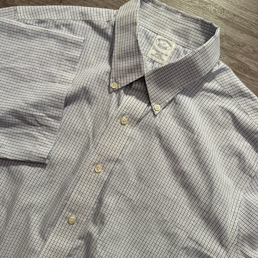 Vintage Brooks Brothers Shirt Mens 17 Blue White Check Cotton Slim Fit Non Iron